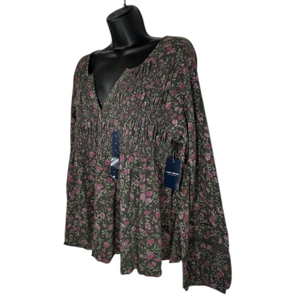 LUCKY BRAND Babydoll Top Sz L Black Pink Floral Textured Smock VNeck 100% Cotton - Picture 4 of 14